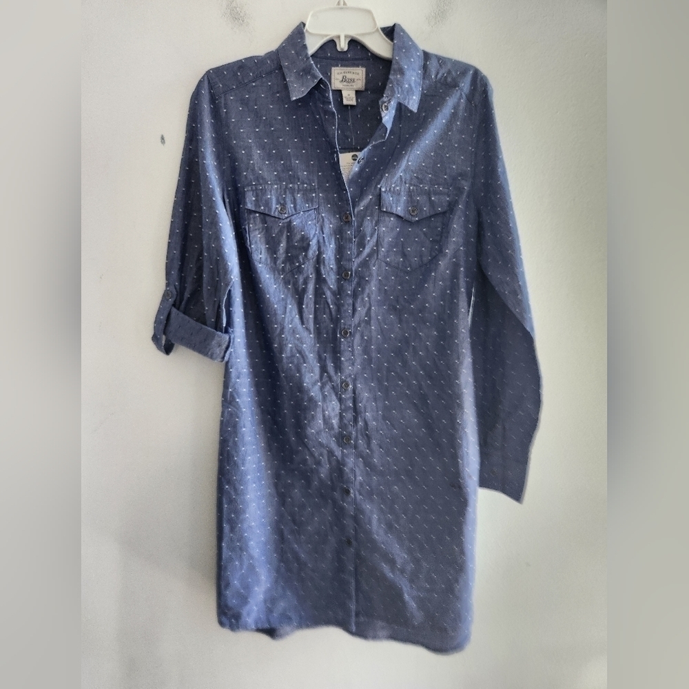 NWT G.H. Bass & Co.  Blue w/White Swiss Dot Belted Cotton Shirt Dress sz Medium